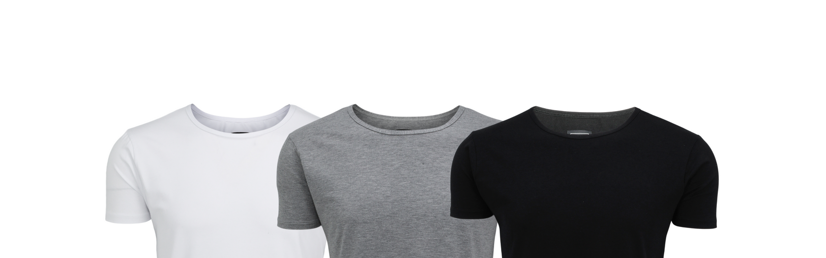 3d photos of the white, grey, and black short sleeve drop tees - essential curved hem t-shirts