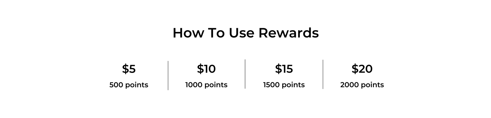 how to use rewards: 500 points equals $5, 1000 points equals $10, 1500 points equals $15, 2000 points equals $20